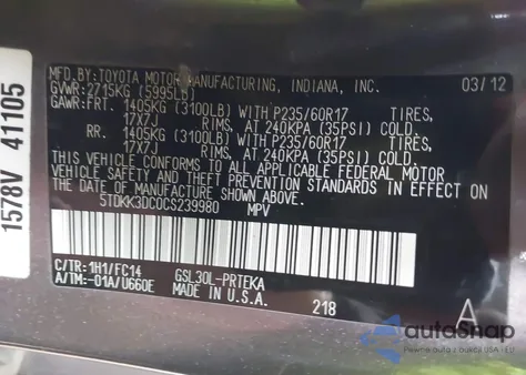 2012 Toyota Sienna Le V6 8 Passenger z USA, uszkodzony, nr VIN 5TDKK3DC0CS239980